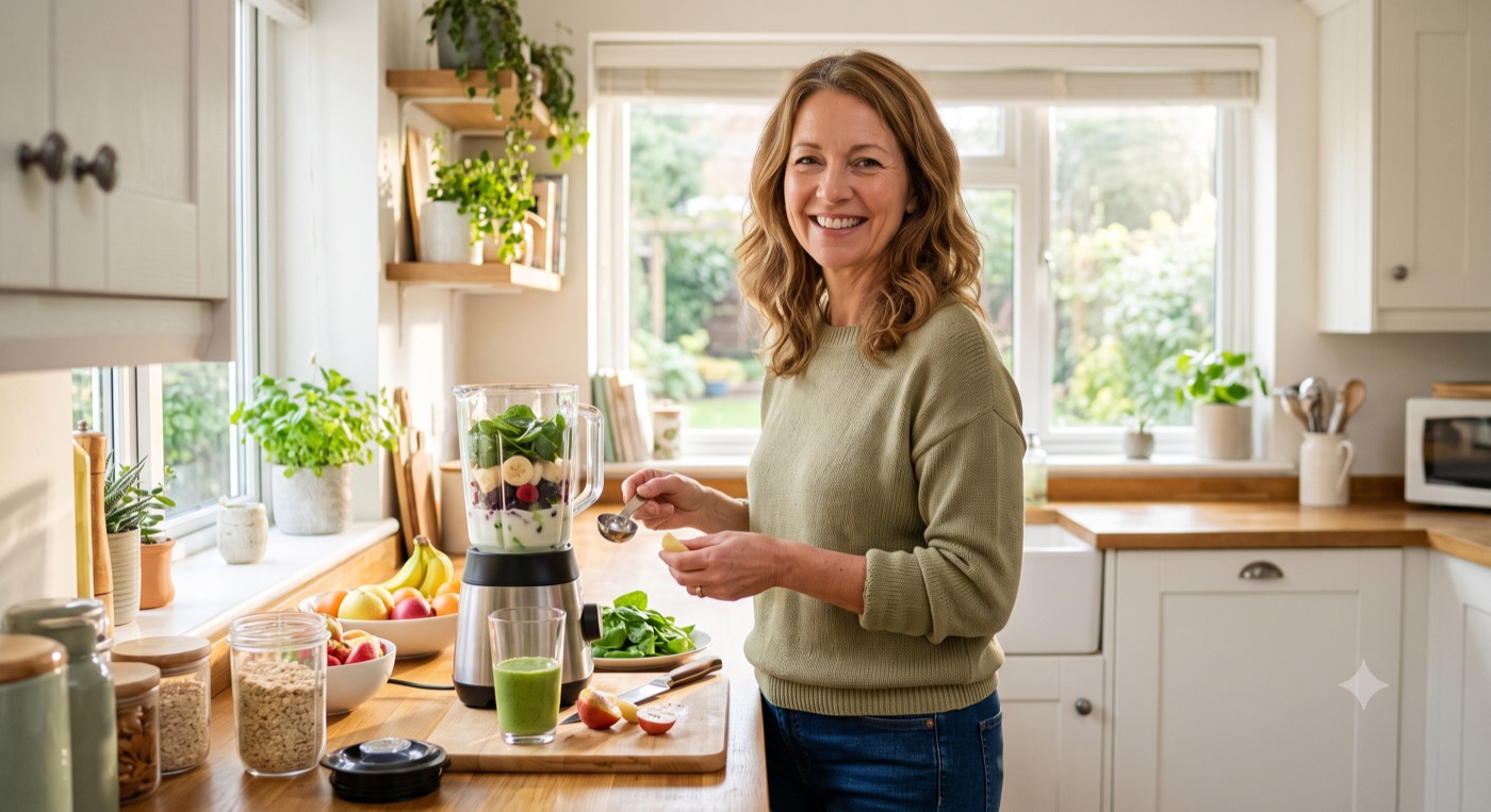 Diane smiling and energetic in a bright kitchen, preparing a healthy breakfast