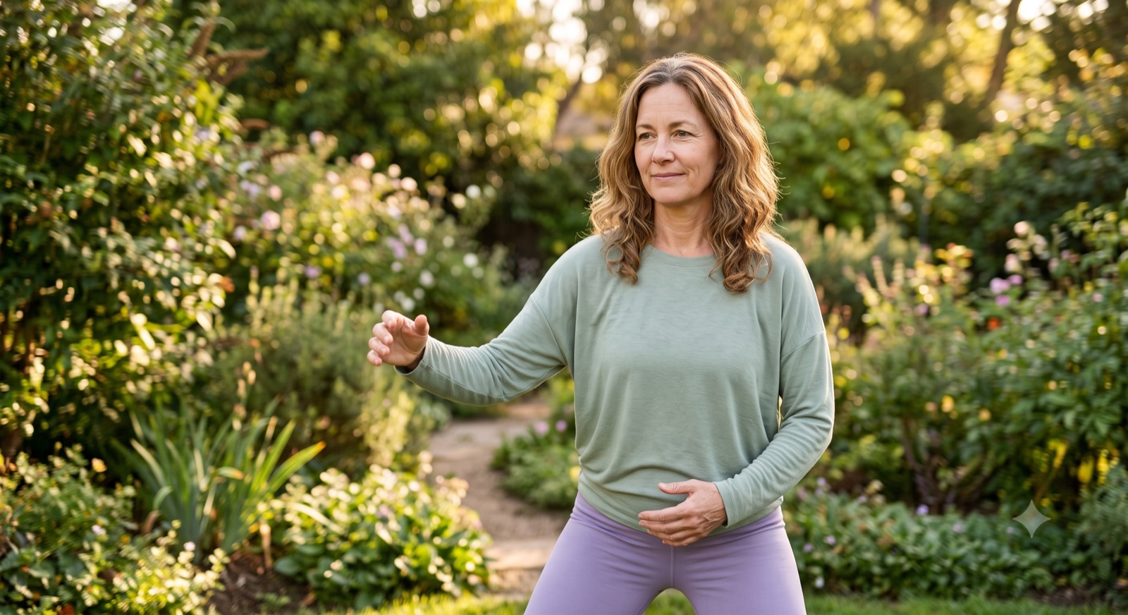 Diane, 51, practicing a gentle Tai Chi movement outdoors in her garden in the morning