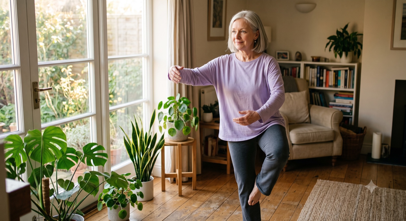 Margaret, 61, practicing a gentle Tai Chi movement in her sunlit living room in the morning
